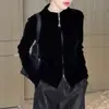 Jaqueta cardigan de veludo preto com zíper e mangas compridas para mulheres, outono, plus size, modeladora e estilosa, camisa básica com gola alta