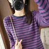 Blusa de tricô de algodão puro para outono e inverno, gola redonda, listrada, barra enrolada, para mulheres, camiseta de manga longa 100% algodão, blusa base de caimento solto