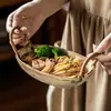 Tigela Dupla com Alça Trançada de Corda Retrô, Tigela Portátil de Cerâmica, Tigela Antiga de Grés, Louças para Venda no Atacado, Tigela para Pratos Domésticos, Tigela para Salada de Frutas
