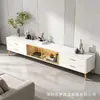 Mueble de TV Moderno de Lujo Ligero con Encimera de Piedra Sinterizada para Hogar Apartamento Pequeño con Estantes Abiertos de Cristal Almacenamiento Mueble de TV de Pie