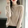 Novo top de malha grossa 100% lã com gola alta embutida e bordas dobradas, simples e versátil, cor sólida, top base de caimento solto para mulheres