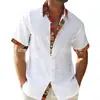 Camisa de manga corta tipo cárdigan para hombre, estilo playero hawaiano, con solapa y tapeta de color en contraste, 2023