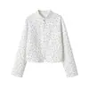 Chaqueta Corta Blanca con Lunares, Cuello Alto, Cierre de Cremallera, Cárdigan Delgado Casual Simple de Manga Larga para Tallas Pequeñas, En Stock
