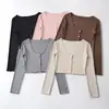 Nueva Camiseta Ajustada de Manga Larga de un Solo Botón 2023, Estilo Trendy de Influencer, Chaqueta Cardigan Larga de Manga Larga con Cuello Redondo Grande para Mujer