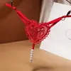 Calcinhas sexy com pérolas em formato de coração e renda, calcinhas femininas sedutoras de entrepernas abertas, lingerie erótica de entrepernas abertas sem remoção