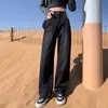 Calça Jeans Wide Leg Preta e Cinza para Mulheres, Fashion e Versátil, Nova Cintura Alta Modelagem Solta, Emagrecimento, Design Único, Calça Longa Reta
