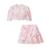 Roupas femininas transfronteiriças 2026 verão novo conjunto de duas peças floral: top de manga bufante feminino e conjunto de saia