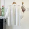 Colección de Verano 2026: Camisa de Manga Corta para Mujer con Bordado Jacquard, Cuello Alto, Corbata, Holgada