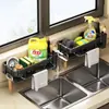 Estante de almacenamiento para cocina, tendedero de paños de cocina, grifo, fregadero, esponja para lavar platos, jabón para platos, toalla, escurridor, portaesponjas