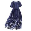 En Stock Verano Nuevo Algodón y Lino Estampado Reductor de Edad Cuello Redondo Manga Corta Longitud Media para Viajar Artístico Simple Vestido Largo