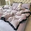 Juego de ropa de cama de cuatro piezas estilo princesa con encaje, funda de edredón y sábana de gasa arrugada de doble capa tipo nube, juego de tres piezas para dormitorio de estudiante