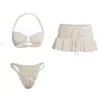 Novo Maiô Separado Sexy de Três Peças Liso com Franzido nas Costas Sem Costas Feminino para Férias Estilo Hot Girl com Toque de Luxo