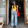 Jeans de Pierna Ancha Patchwork de Tiro Alto Azul Claro para Mujer 2026 Verano Transfronterizo Nuevo Estilo Sueltos Caídos Estilo Plátano Largo Hasta el Suelo