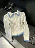 Suéter cárdigan de punto suave a rayas con cuello para mujer, top elegante de otoño e invierno para figuras petite
