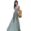 Vestido Elegante de Malla con Parches de Lentejuelas, de Tirantes Finos, sin Mangas, Ajustado, de un Solo Hombro, Color Sólido