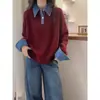 Suéter de malha com gola polo estilo coreano, retalhos de jeans, imitação de duas peças, novo top versátil da moda para o outono de 2026