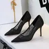 Zapatos de tacón de aguja sexys de estilo europeo y americano para fiesta, de alta gama, para mujer, con punta fina, de malla de encaje, de boca poco profunda, para mujer, 1963-7