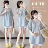 Moda Gestante, Vestido Xadrez de Manga Curta com Decote em V para o Verão, Blusa de Maternidade Soltinha Plus Size Emagrecedora para Mães Modernas