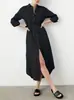 Comercio Exterior Transfronterizo Europeo y Americano Vestido Camisa de Punto Elegante Casual Holgado para Viajar con Botones y Cordones Vestido Falda Larga