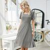 Vestido de Encaje con Cordones de Comercio Exterior Verano Sexy Espalda Descubierta Moda Femenina Cuello Cuadrado Plisado Manga Corta Falda Midi con Vuelo Amplio