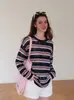 Cárdigan de punto de seda helada con bloques de color a rayas para protección solar para mujer, camiseta casual suelta de manga larga para verano