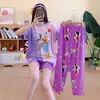 Pijama transfronteiriço de verão feminino conjunto de três peças de seda de leite desenho animado comércio exterior roupa de casa manga curta calça comprida estilo fofo