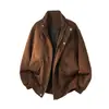 Jaqueta de camurça com silhueta imitação, gola alta estilo americano moderna, caimento solto, curta, masculina, retrô, desconstruída, para trabalho de outono, casaco casual