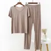 Traje Casual de Manga Corta para Mujer 2023 Verano Cuello en V Estilo Coreano Moderno Conjunto de Dos Piezas Versátil Modal Pantalones de Nueve Puntos Adelgazante