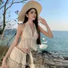 Estilo Francés Estilo Vacacional Cuello en V Top Colgante Falda Grande Falda Conjunto de Dos Piezas Verano para Mujer Hermosa Falda de Playa
