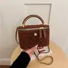 Otoño Invierno Retro Cuadros de Diamante Gamuza Caja de Maquillaje Bolso de Mano Metálico para Mujer Cadena Desmontable Hombro Único Cruzado Bolso Pequeño