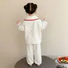 Lindo conjunto de pijama suave de doble cara con estampado de lunares y gato de dibujos animados, para niñas, ropa de estar para bebé niña