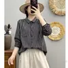 Camisa de Manga Larga de Gasa de Algodón Doble Capa Fina Retro Artística a Rayas de Otoño para Mujer, Top Holgado de Moda Versátil para Mujer
