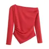 Ropa de mujer al por mayor transfronteriza 2025 estilo europeo y americano moda simple hombro asimétrico elástico ajustado plisado manga larga camiseta mujer