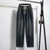 Foto Real de Calças de Outono de Perna Reta Estreita Perna Larga Foice, Tamanho Grande Simples Elástico na Cintura Cordão Calça Banana para Mulheres