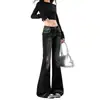 Jeans de pierna ligeramente acampanada de tiro bajo, estilo Yi Mengling, para mujer, retro americano, negro-gris, estilo "hot girl", pierna recta, corte ajustado, pantalones acampanados
