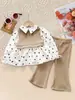 Comercio Exterior Ropa Infantil Primavera y Otoño Conjunto Bebé Dulce Camisa de Cuello Alto con Estampado de Corazones Chaleco + Pantalones Largos Acampanados Amigables con la Piel Conjunto de Dos Piezas