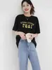 Camiseta Impresa Digital Estilo Americano Transfronteriza para Mujer Hombro Verano Nuevo Estilo Académico Holgado Talla Grande Manga Corta Azul