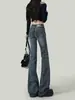 Jeans Retro Azules con Bordado de Lazo de Chica Picante Micro-Acampanados para Mujer Verano Delgados de Cintura Baja Adelgazantes Pantalones Acampanados
