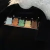 Camiseta de seda de leite estilo universitário de verão versão coreana estampa de gato de desenho animado manga curta para homens e mulheres top casual ins