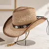 Sombrero vaquero de paja tejida con diseño calado estilo retro americano para hombre y mujer, sombrero vaquero versátil para protección solar de verano