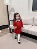 Cutemily Outono e Inverno Meninas Cardigan Suéter Vermelho Retrô + Saia de Tricô com Laço Traje Fofo para Bebê Menina
