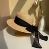 Chapéu de sol de ráfia com laço de topo reto vintage para mulheres, chapéu de palha com proteção solar para férias de verão na praia