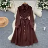 Vestido de Solapa Retro Francés de Manga Larga de un Solo Botón con Cinturón para Mujer Otoño Casual Delgado de Longitud Media