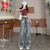 Jeans Wide Leg Lavado Vintage Feminino Outono 2024 Novo Cintura Alta Solto Dosagem Estilo Americano Calça Reta