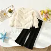 Conjunto de Suéter Infantil para Outono e Inverno, Novo Conjunto de Calça Tricotada Peluda com Strass para Meninas, Conjunto Elegante de Suéter Duas Peças com Calça Longa
