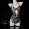 Lingerie Sexy Estampada de Leopardo Shuoyao para Mulheres, Body Justo, Lingerie Sedutora e Puramente Sensual, Abertura na Virilha, Conjunto Fácil de Usar 911