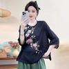 Estilo Nuevo de Verano Estilo Étnico Retro Manga Corta Cuello Redondo Suéter Top de Algodón y Lino Camiseta con Bordado Exquisito Dopamina