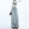 Jeans Feminino Cinza Cimento Vintage Slimp Wide Leg Outono 2024 Novo Solto Cintura Alta Afundado Mais Longo Comprimento Total