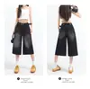 Calça Jeans Cropped Wide Leg Preta Estilo Americano para Mulheres, Nova Verão Vintage Cintura Alta Solta Emagrecimento Reta Casual Comprimento Médio
