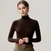 Suéter de tricô 100% lã pura com gola alta e corte slim para mulheres, peça básica de cor sólida para outono e inverno, suéter de manga longa